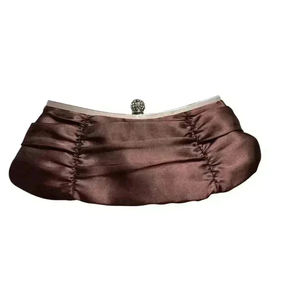 Vintage Brown Satin Clutch with Rhinestone Clasp Formal Bag - Picture 2 of 4